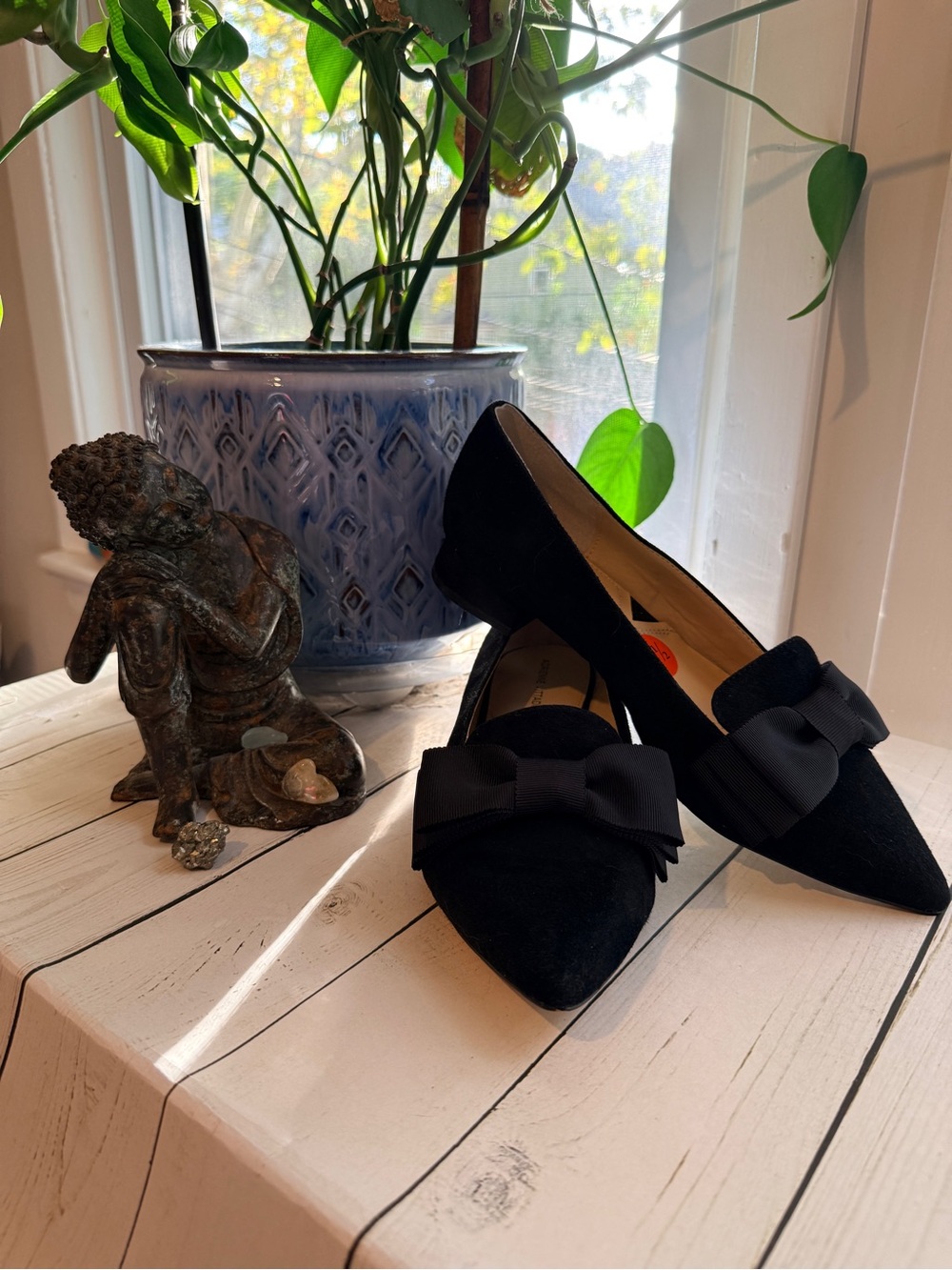 Adrienne Vittadini | Black Suede Pointed-Toe Flats with Bow